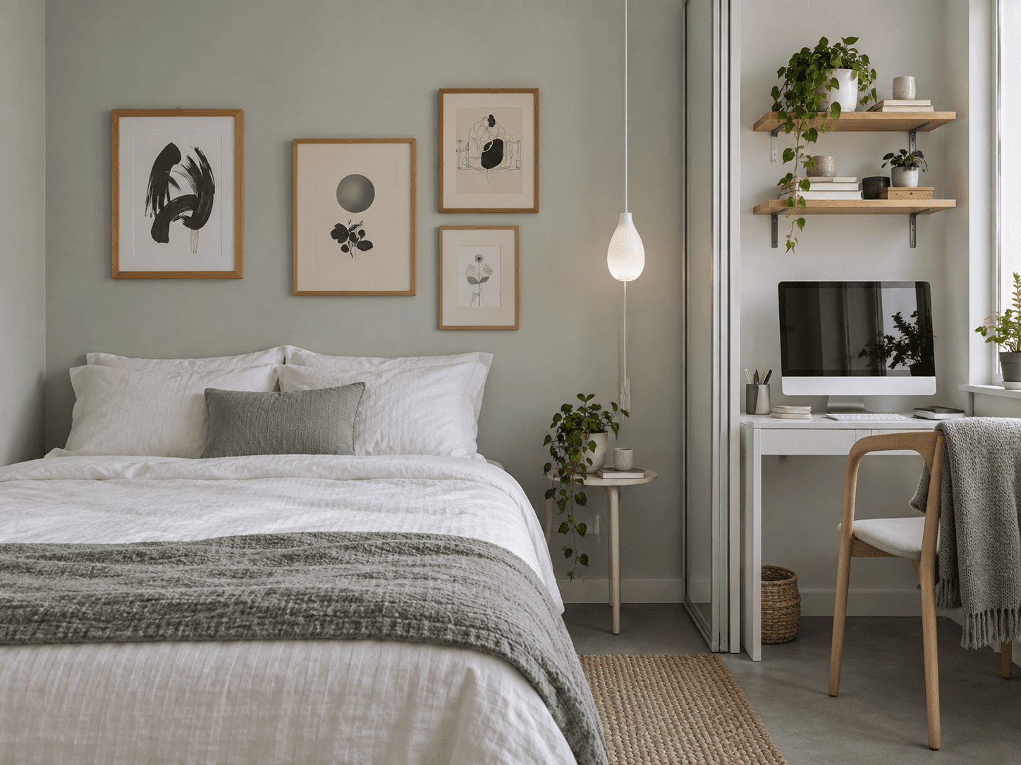 A bright student room with a bed, study desk, shelves and plants